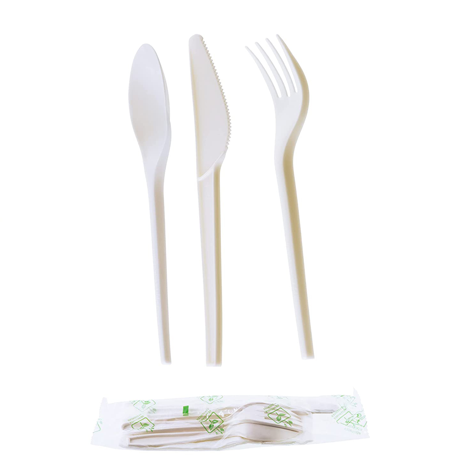 Fork, Knife, Spoon, and Napkin 4 pc PLA Cutlery Set Indiv. Wrapped in OXO  Biodegradable Plastic 7in - 250 pcs